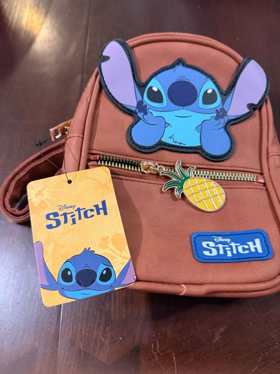 Bioworld Disney Lilo and Stitch Mini Backpack Brown Faux Leather with Pineapple Zipper Pull 1