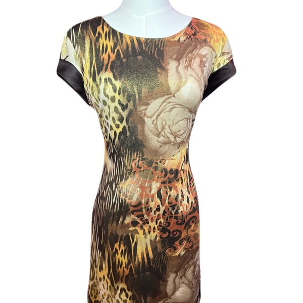 Caché Animal Print Floral Metallic Bodycon Vintage Y2K Cocktail Mini Dress Size 10