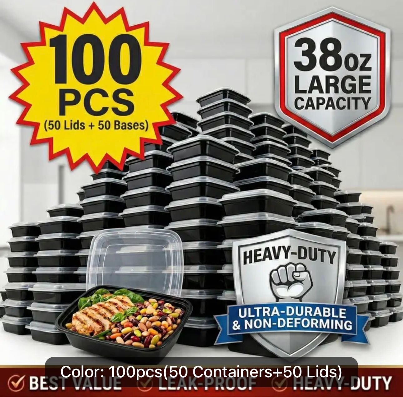 100pcs 38oz Black Rectangular Meal Prep Containers Food Storage 50 bowls/50 lid 15