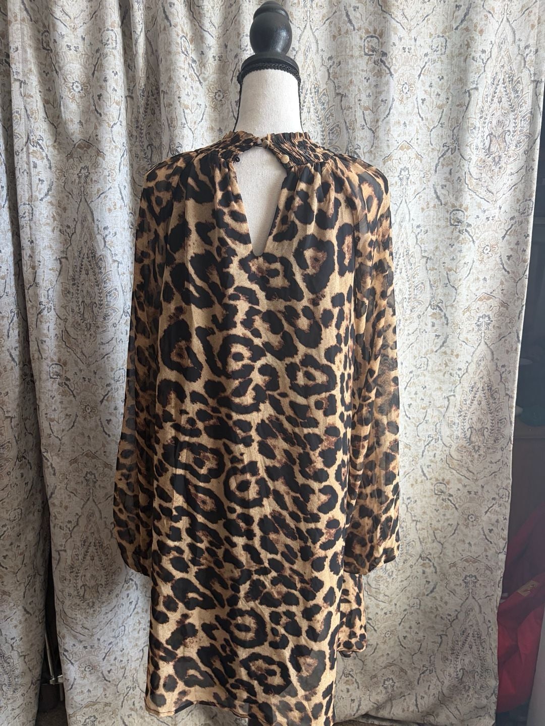 Lily's Kloset Leopard Print Chiffon Smocked Mock Neck Long Sleeve Dress 2