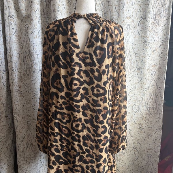 Lily's Kloset Leopard Print Chiffon Smocked Mock Neck Long Sleeve Dress
