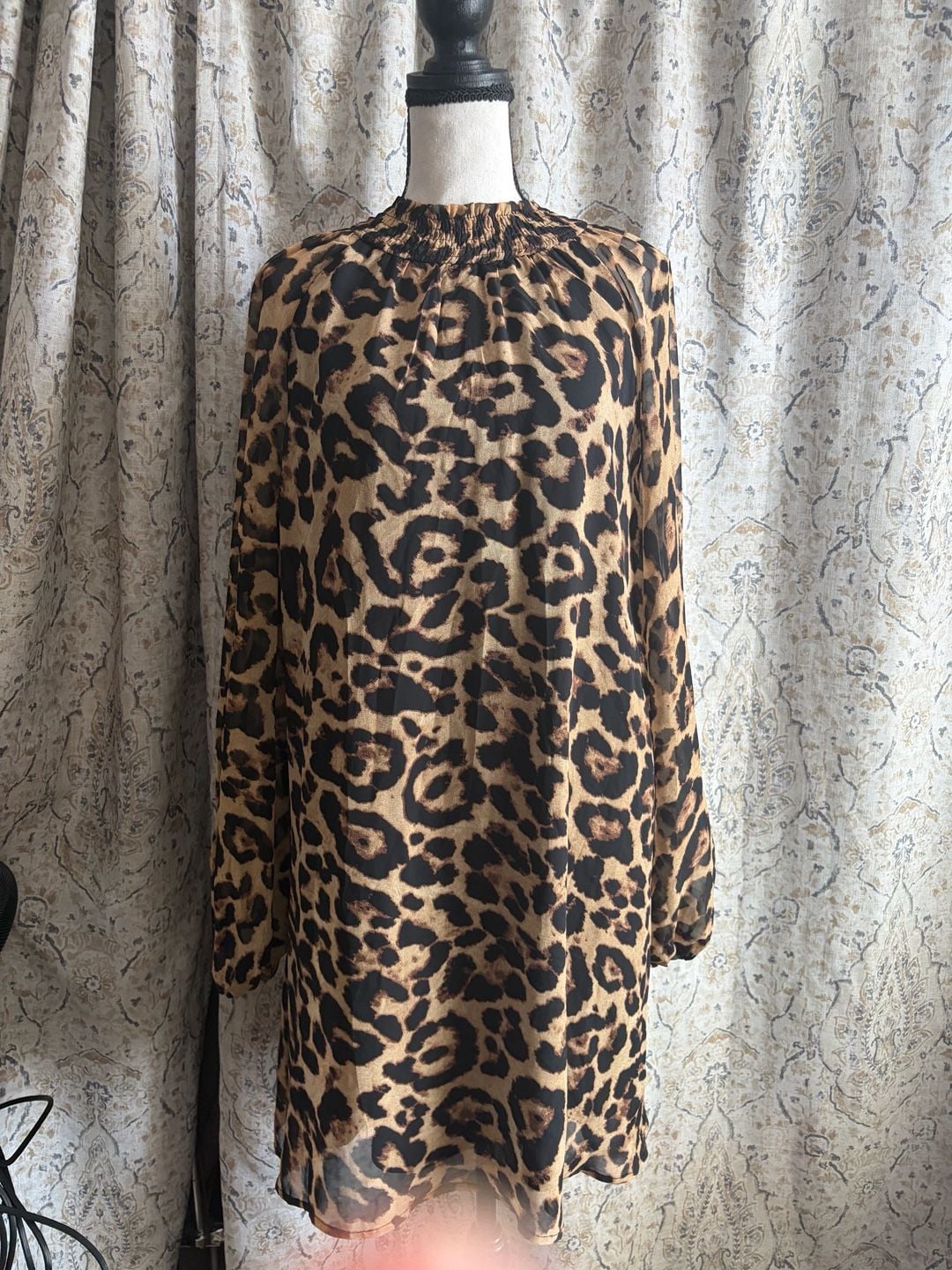Lily's Kloset Leopard Print Chiffon Smocked Mock Neck Long Sleeve Dress 4