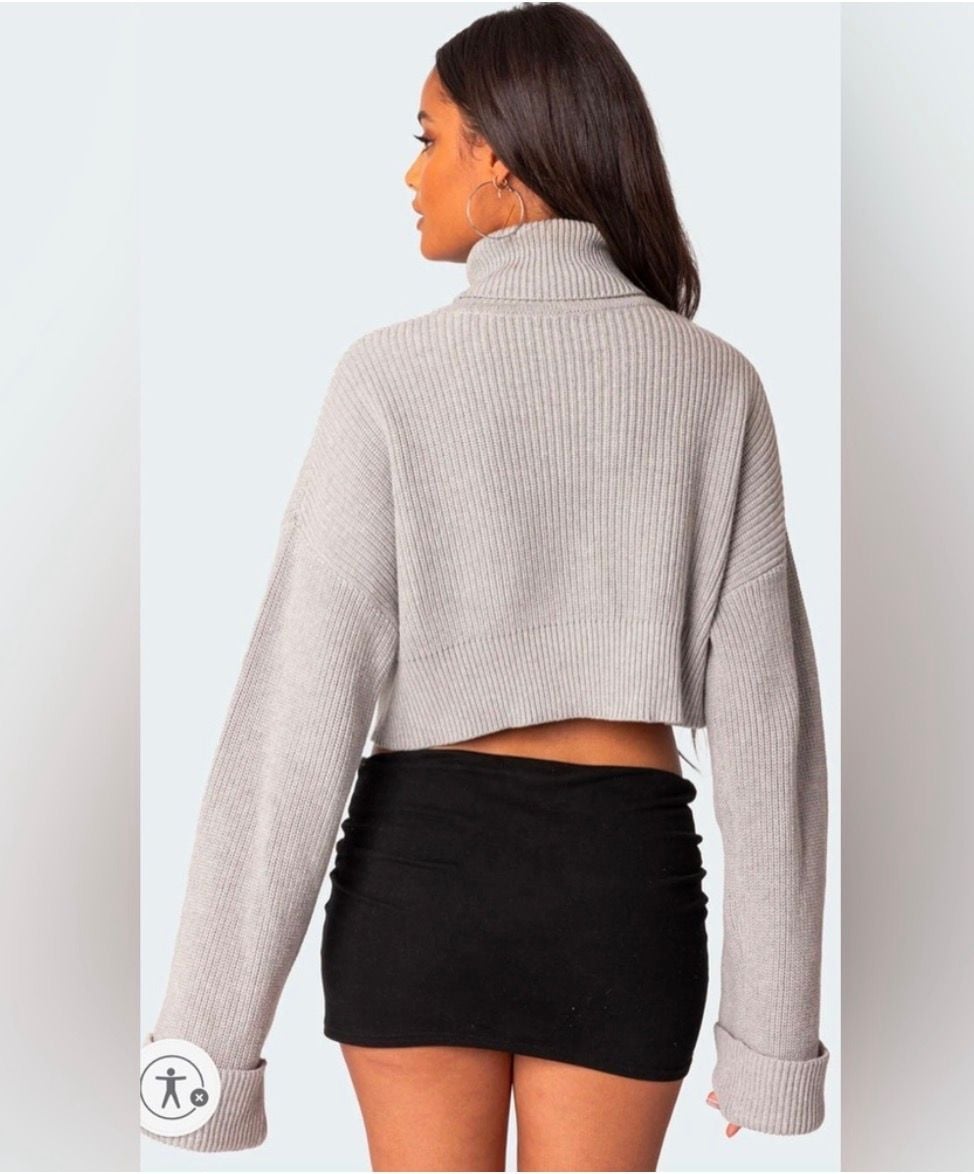 Edikted Gray Ribbed Oversized Cropped Turtleneck Sweater Size M/L 3