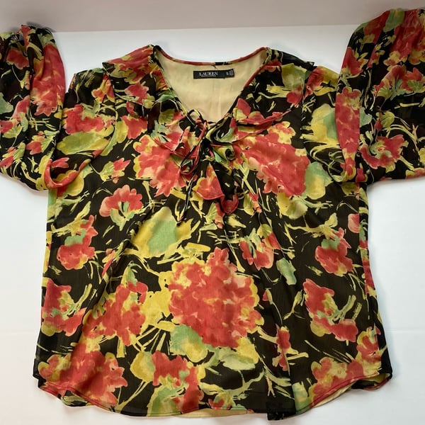 Lauren Ralph Lauren Women's Floral Crinkle Georgette Blouse Size XL Ruffle Neck