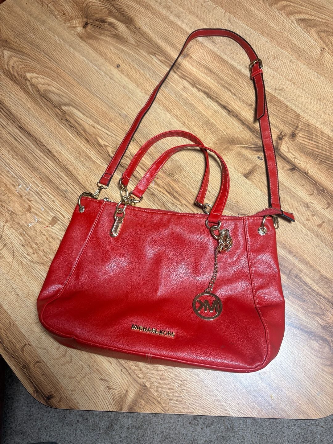 Michael Kors Red Leather Hobo Shoulder Tote Hand Bag Purse MK Logo Chain 2