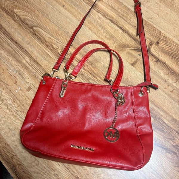 Michael Kors Red Leather Hobo Shoulder Tote Hand Bag Purse MK Logo Chain