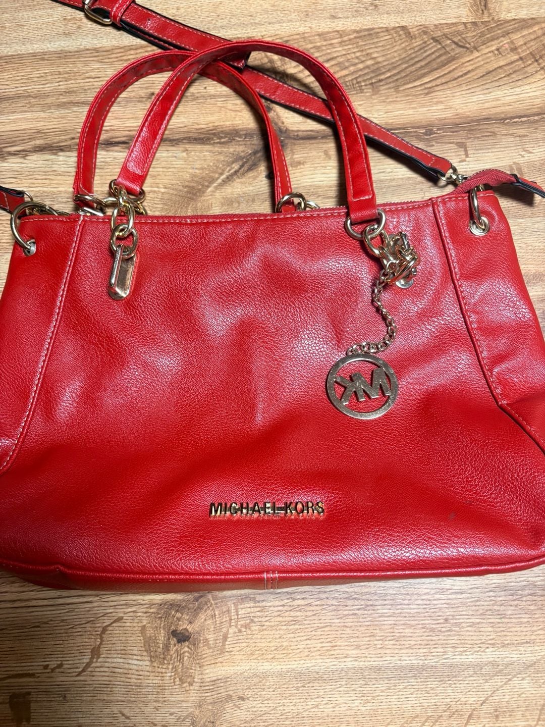 Michael Kors Red Leather Hobo Shoulder Tote Hand Bag Purse MK Logo Chain 3
