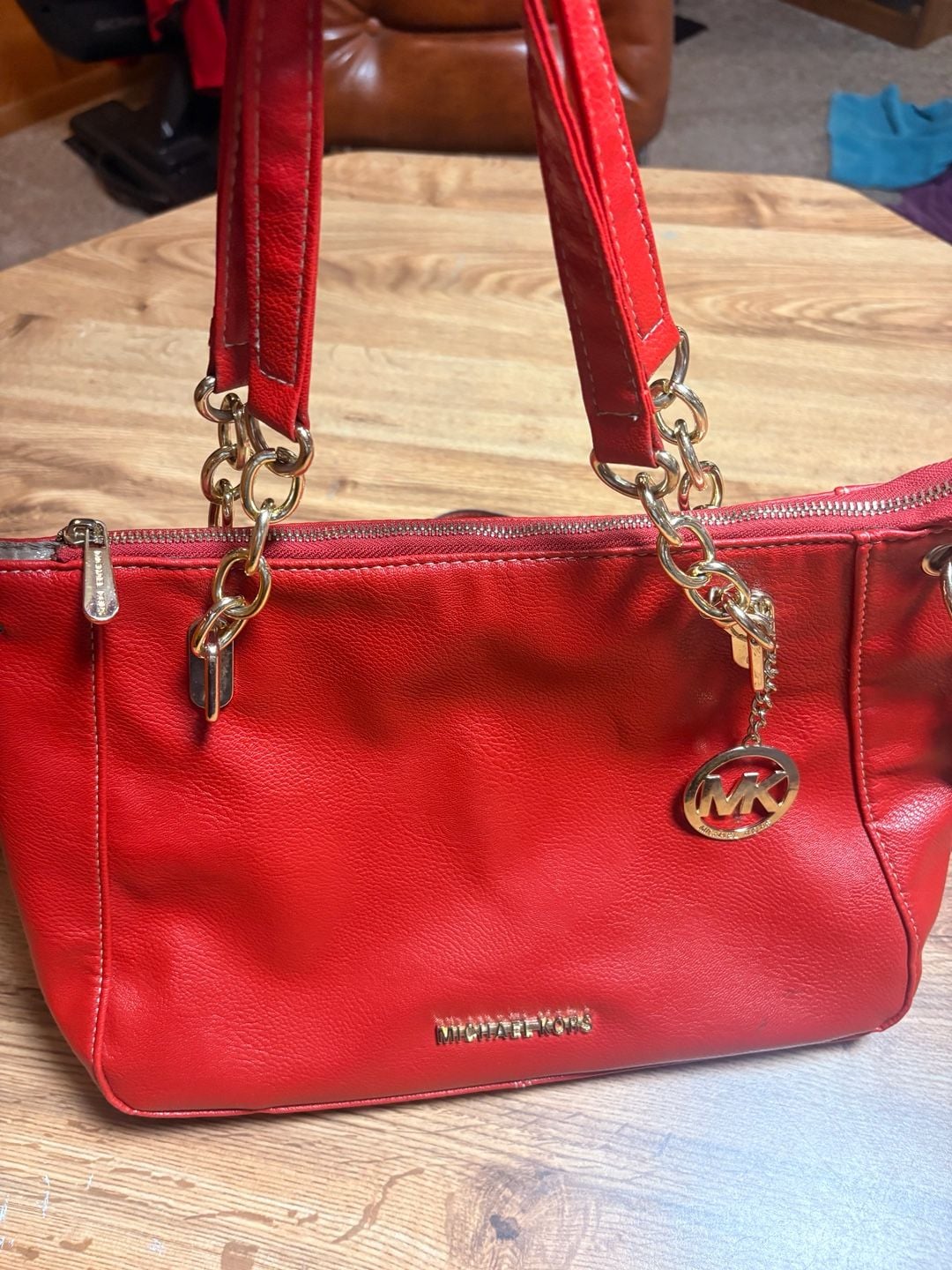Michael Kors Red Leather Hobo Shoulder Tote Hand Bag Purse MK Logo Chain 4