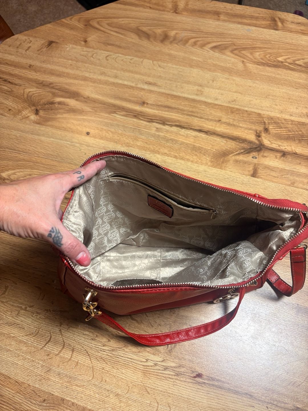 Michael Kors Red Leather Hobo Shoulder Tote Hand Bag Purse MK Logo Chain 5