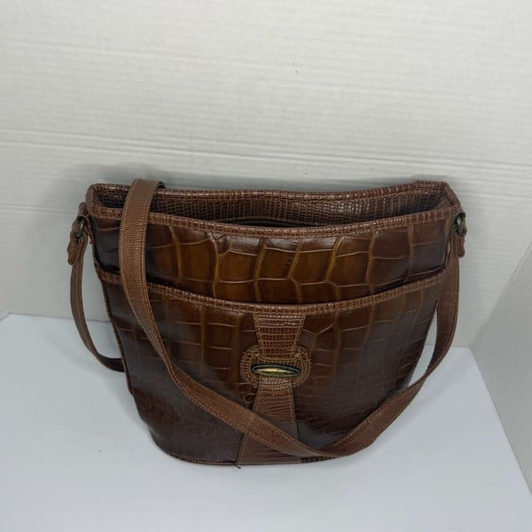 Vintage Brown Embossed Croc Faux Leather Crossbody Shoulder Bag
