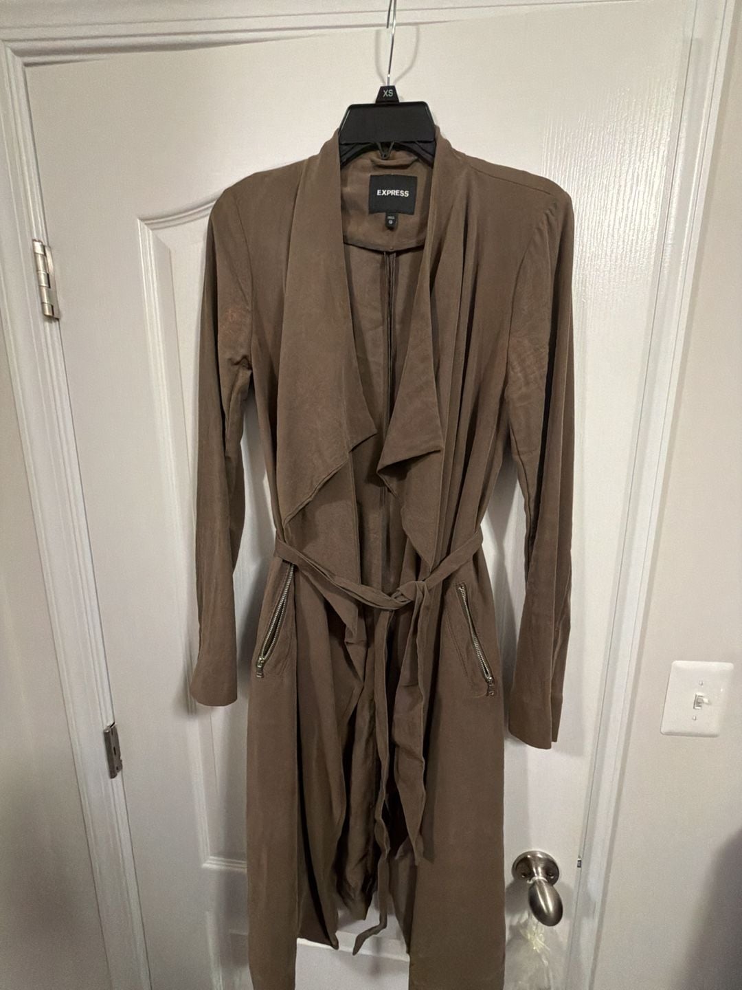 Express Brown Suede Soft Trench Coat with Belt and Zip Pockets 8