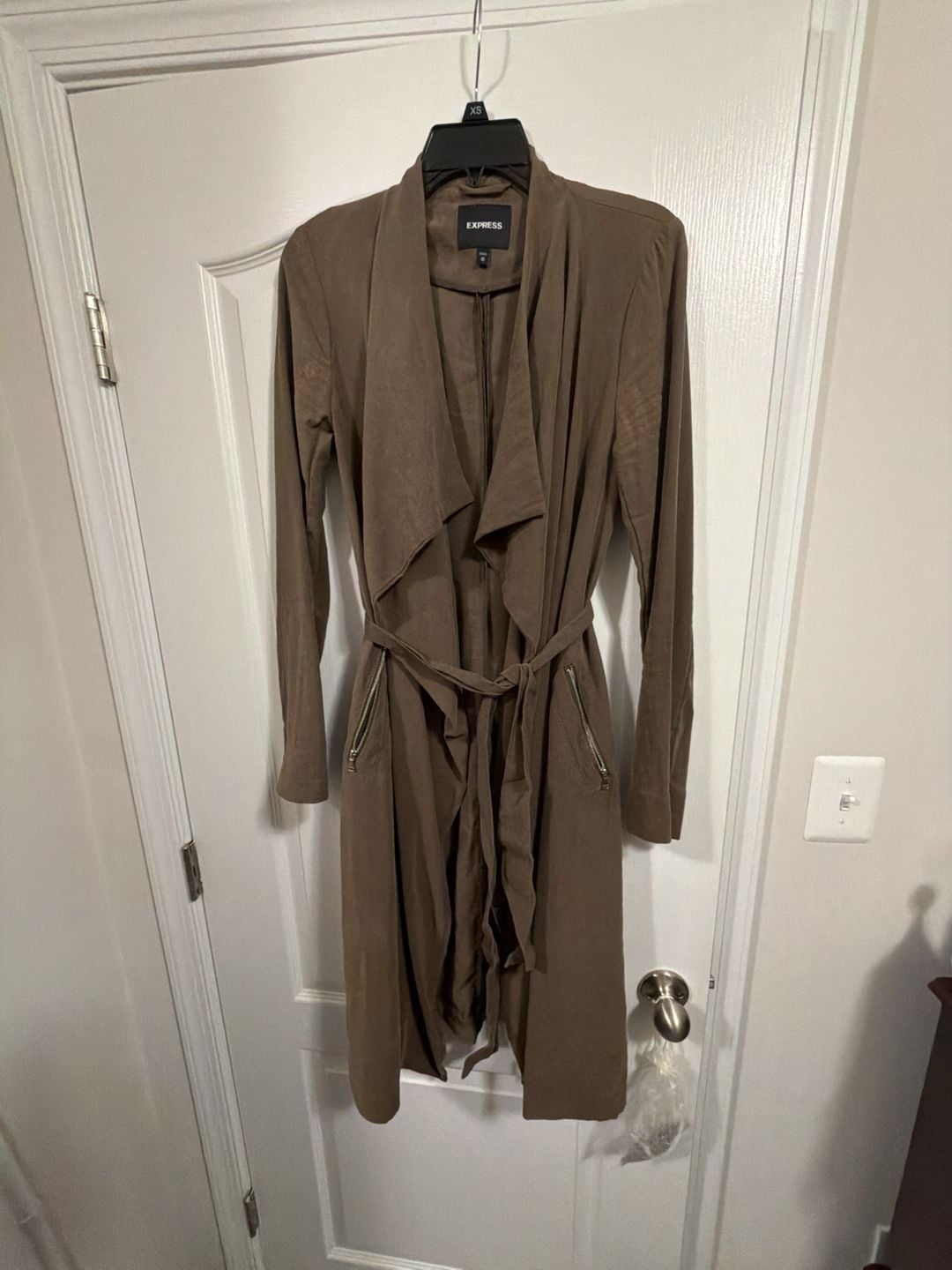 Express Brown Suede Soft Trench Coat with Belt and Zip Pockets 9