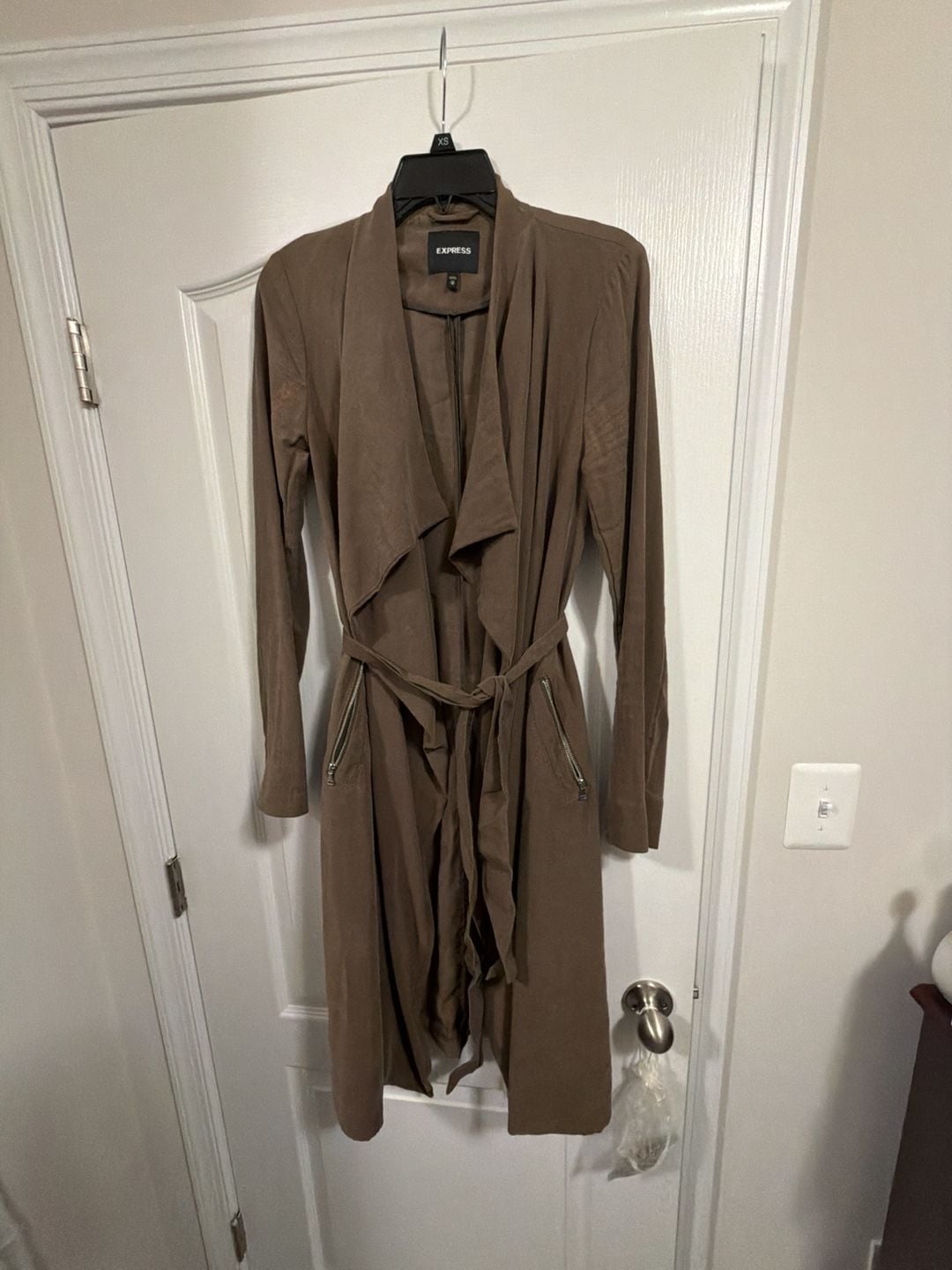 Express Brown Suede Soft Trench Coat with Belt and Zip Pockets 10