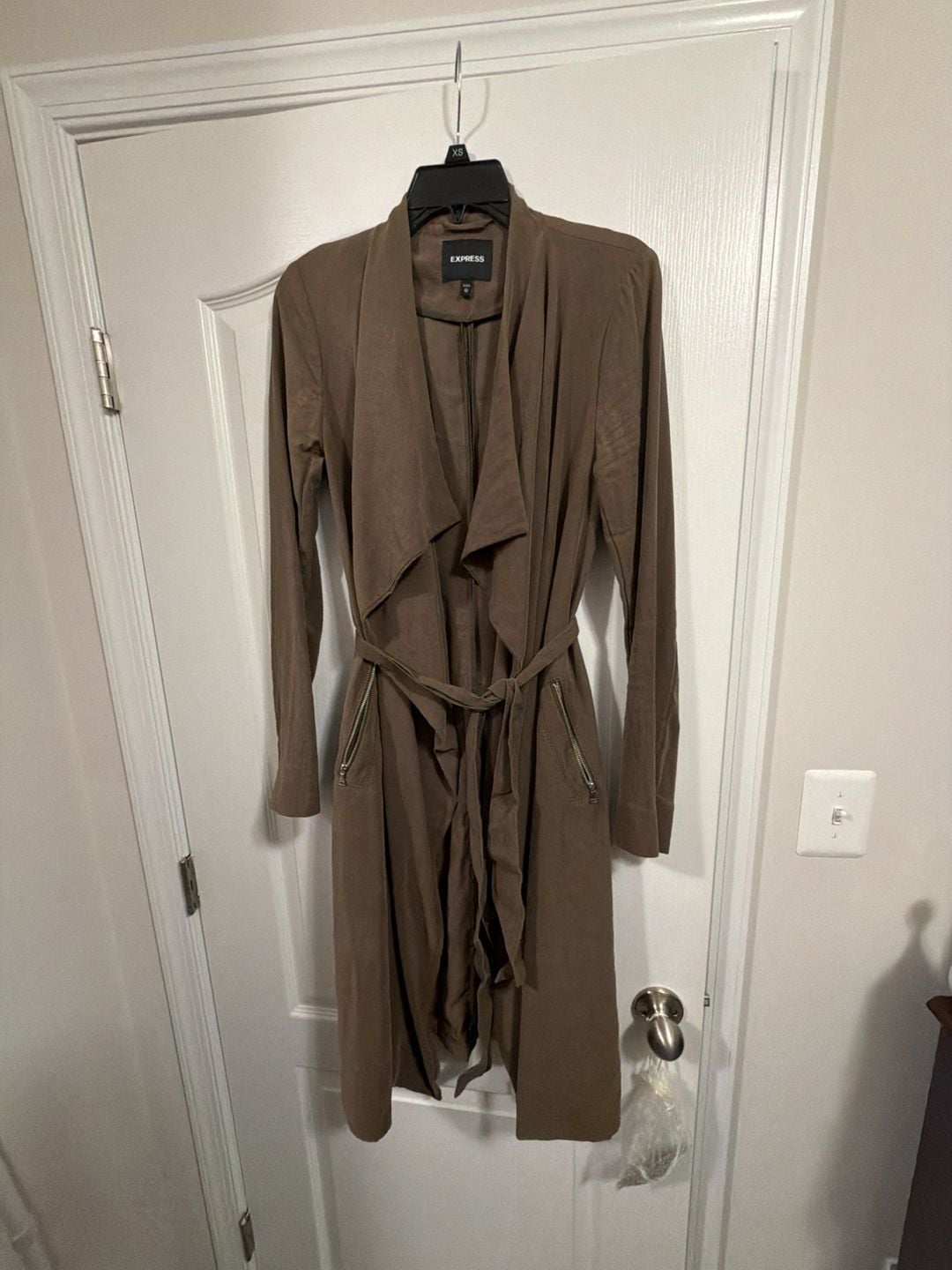 Express Brown Suede Soft Trench Coat with Belt and Zip Pockets 11