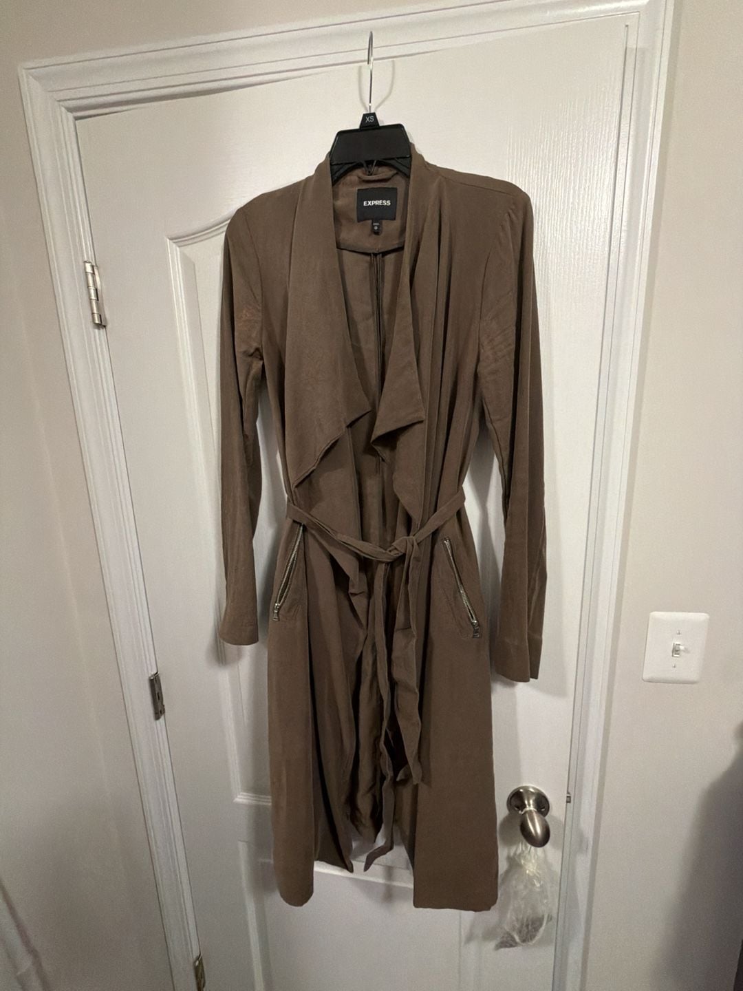 Express Brown Suede Soft Trench Coat with Belt and Zip Pockets 12