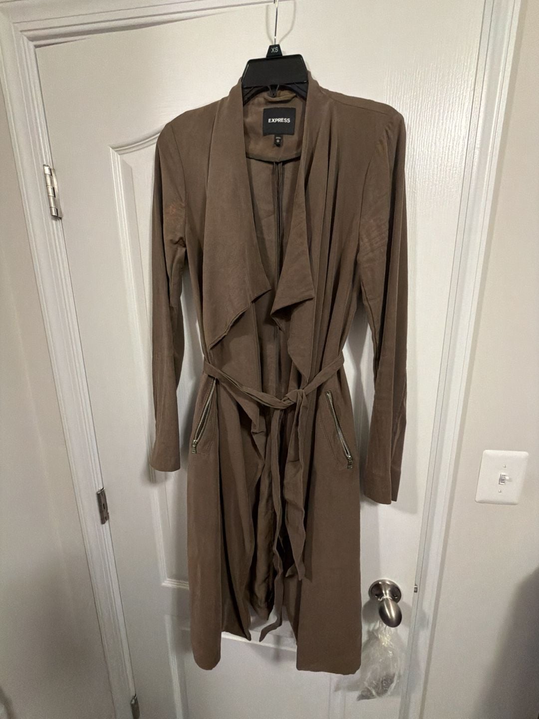 Express Brown Suede Soft Trench Coat with Belt and Zip Pockets 13