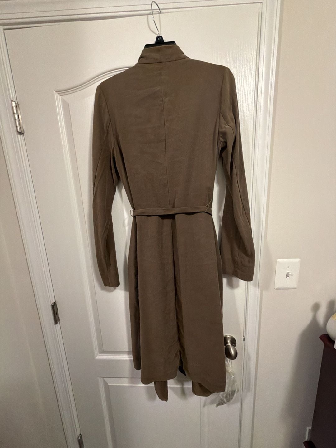 Express Brown Suede Soft Trench Coat with Belt and Zip Pockets 14