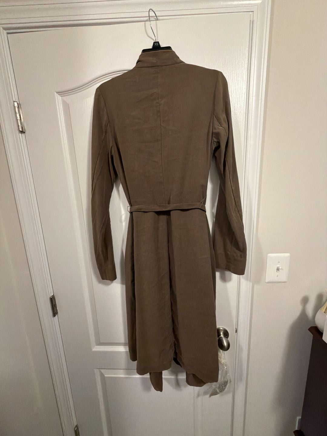 Express Brown Suede Soft Trench Coat with Belt and Zip Pockets 17
