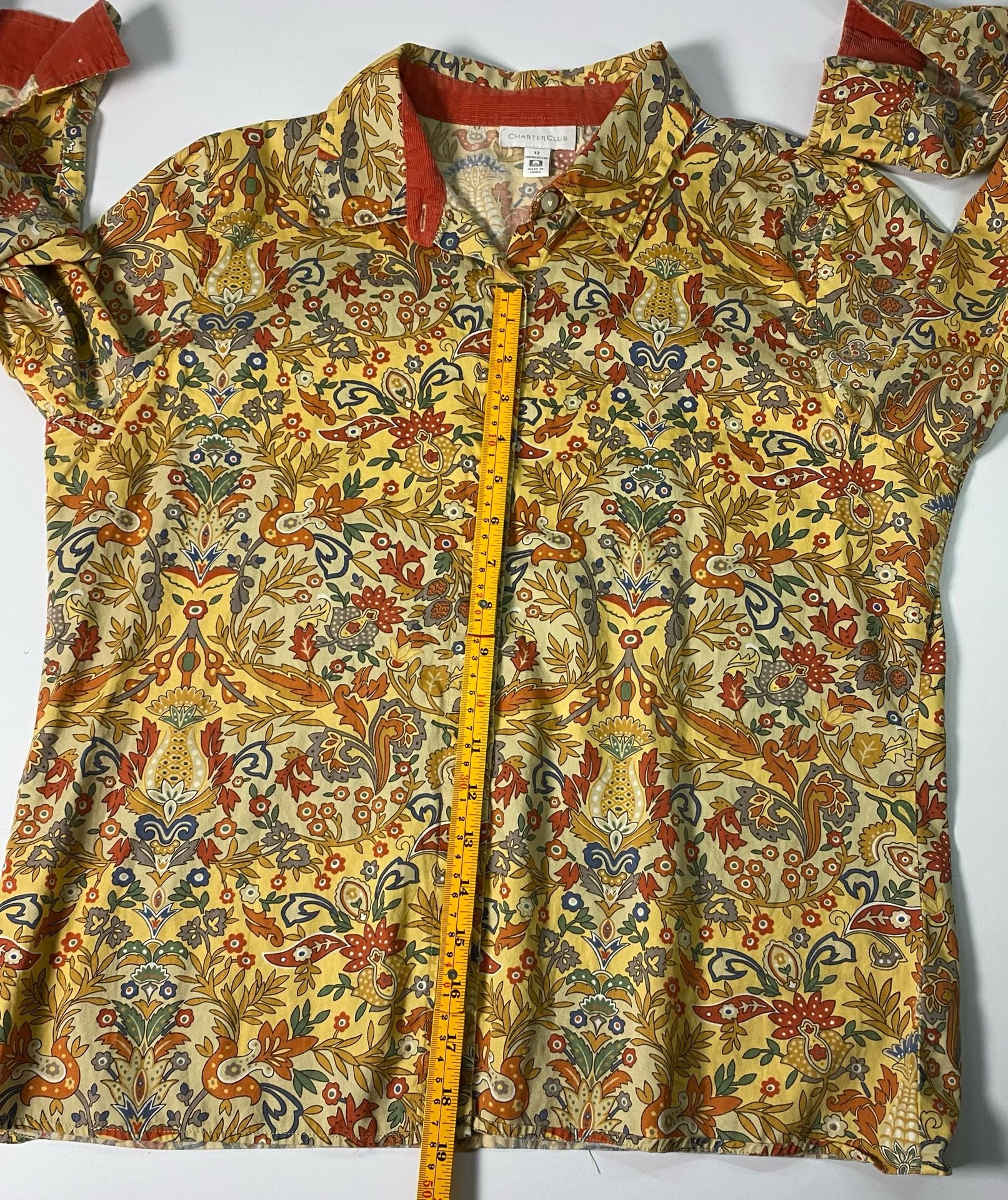 Charter Club Yellow Floral Paisley Print Long Sleeve Button-Down Shirt Size 12 8