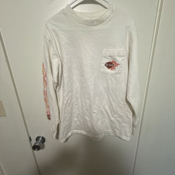 Harley-Davidson Vintage 2000 Long Sleeve Flame Pocket T-Shirt White Dallas Texas
