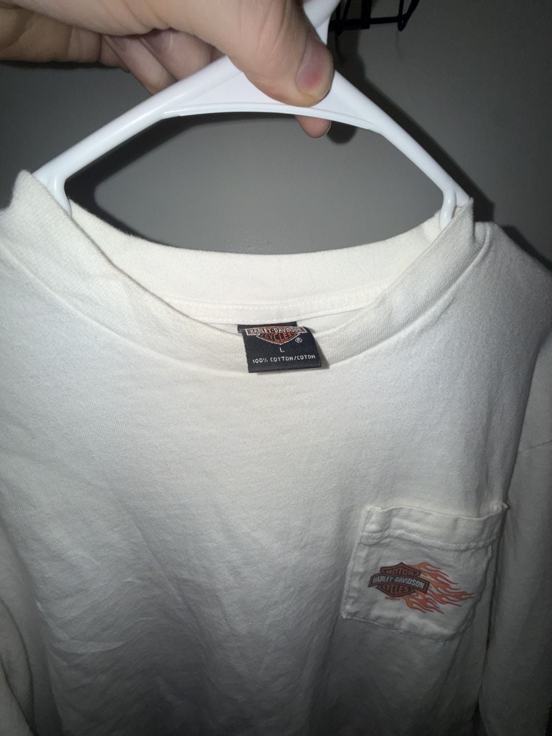 Harley-Davidson Vintage 2000 Long Sleeve Flame Pocket T-Shirt White Dallas Texas 7
