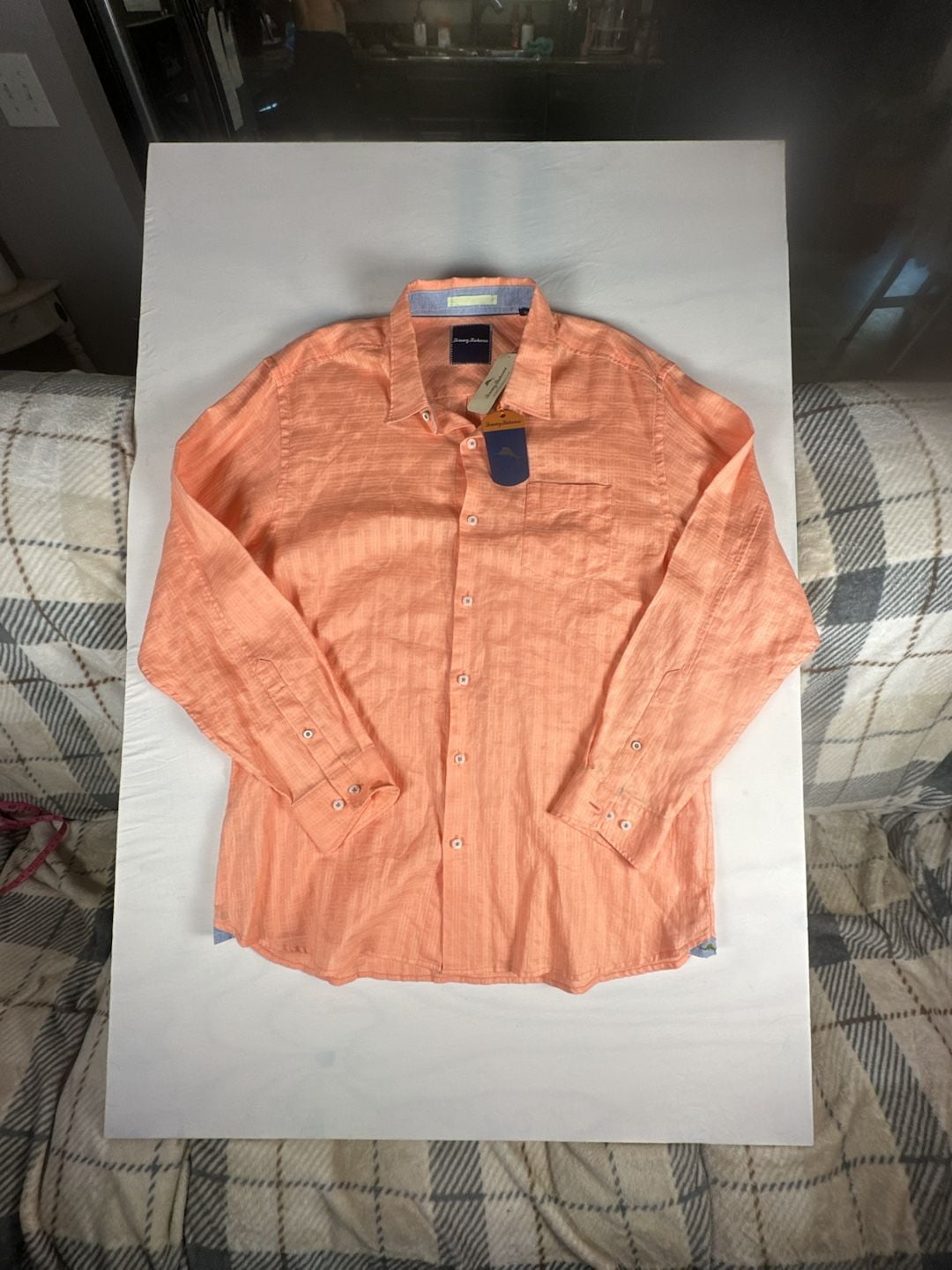Tommy Bahama Sydney Squares Bright Peach Long Sleeve Linen Shirt NWT #1087 2