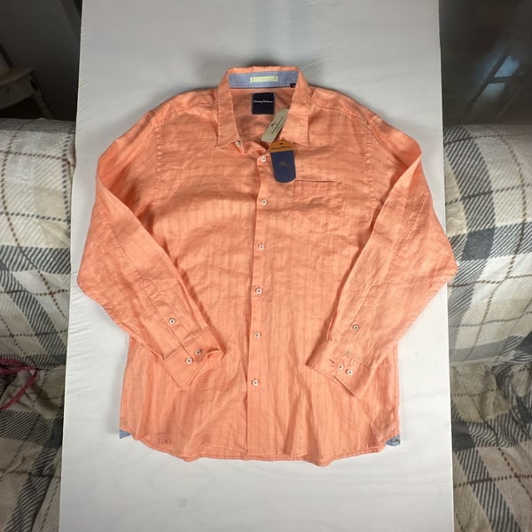Tommy Bahama Sydney Squares Bright Peach Long Sleeve Linen Shirt NWT #1087