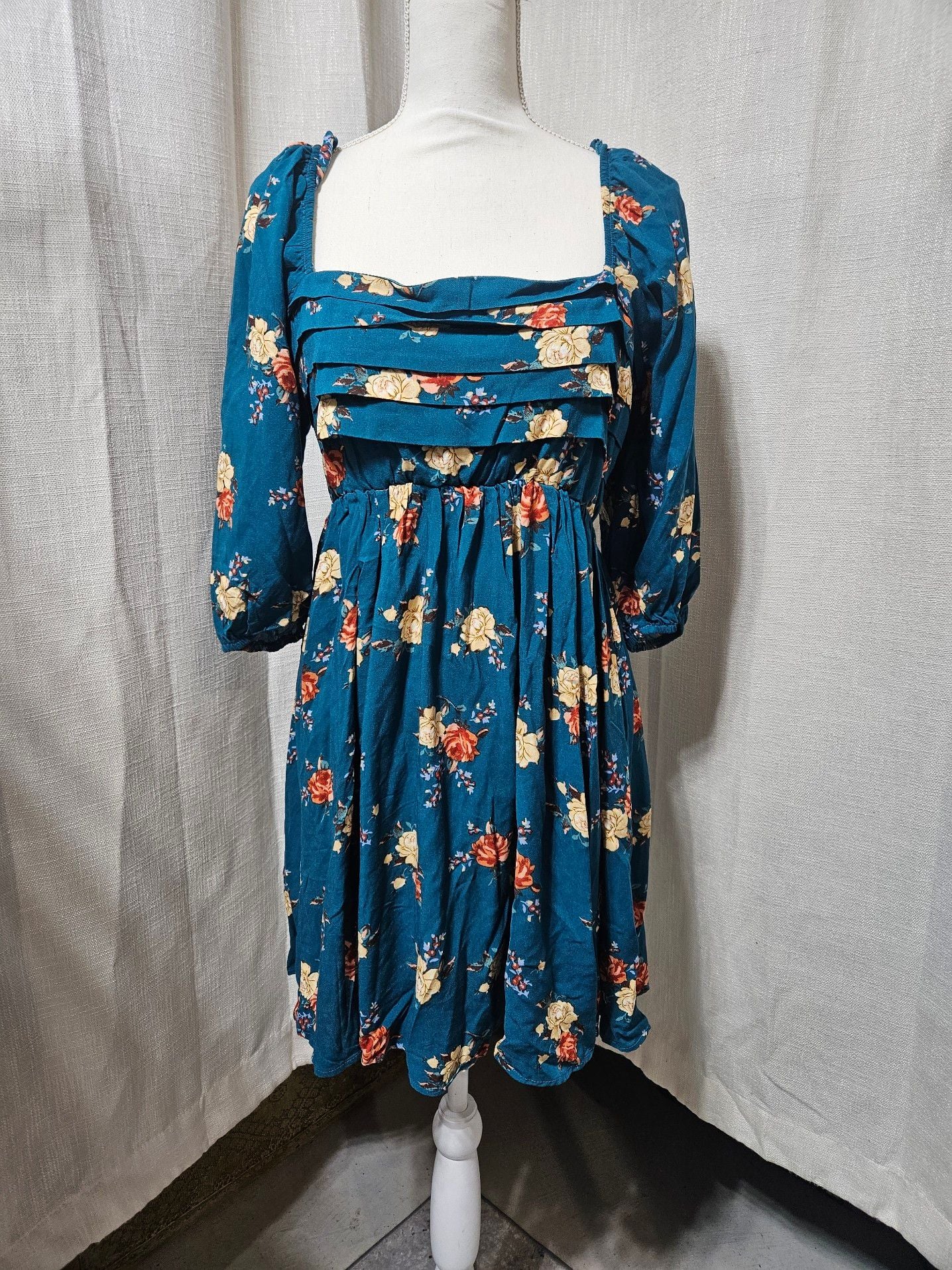 AS U WISH Blue Floral Smocked Square Neck Mini Dress Size L 3