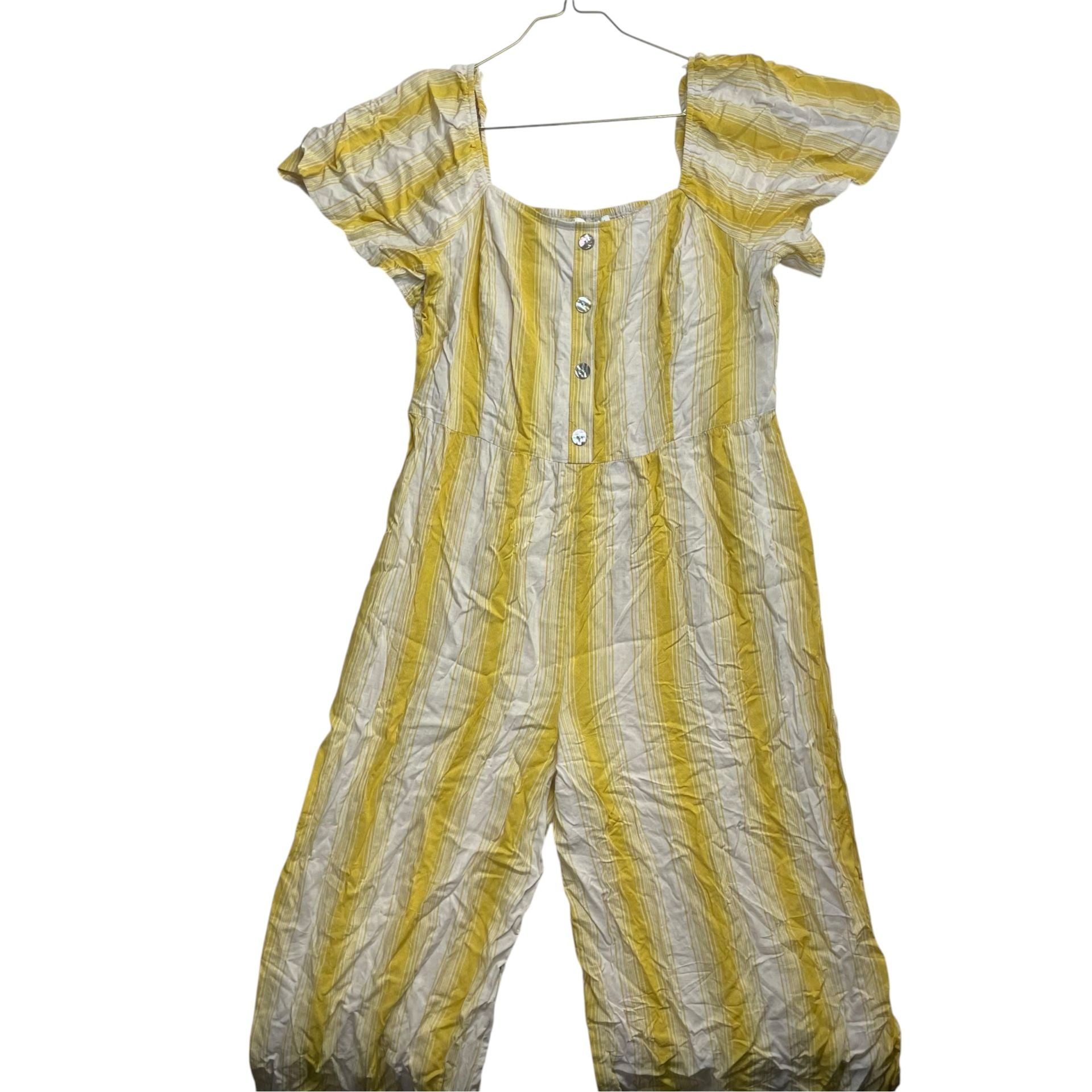 Luxology Women’s XL Yellow White Striped Wide Leg Jumpsuit Puff Sleeve NWT 2