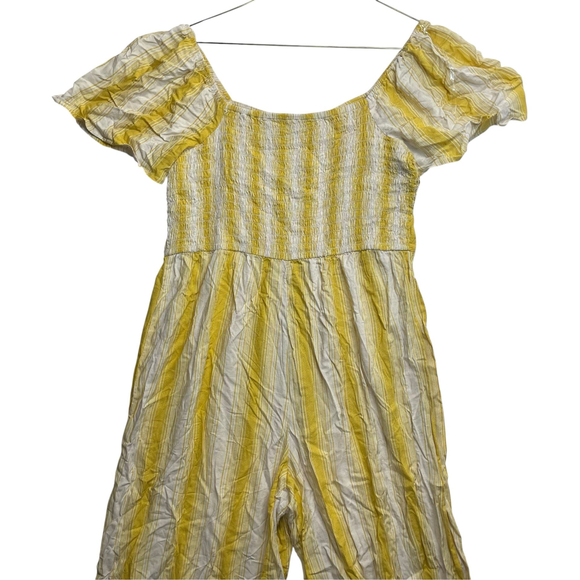 Luxology Women’s XL Yellow White Striped Wide Leg Jumpsuit Puff Sleeve NWT 3