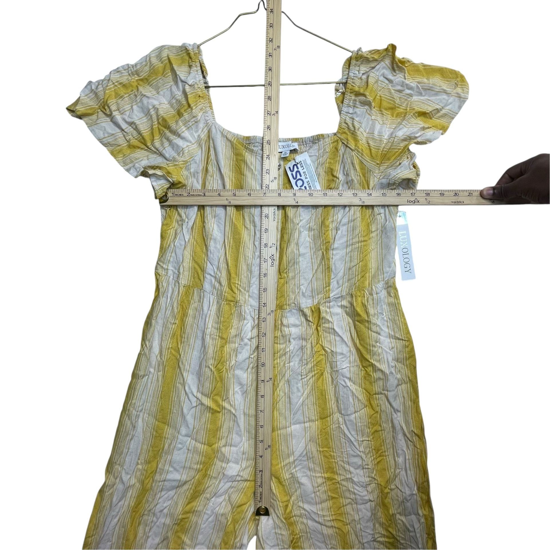 Luxology Women’s XL Yellow White Striped Wide Leg Jumpsuit Puff Sleeve NWT 5
