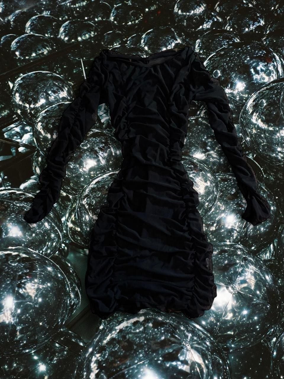 Black Sheer Mesh Long Sleeve Ruched Mini Dress 2