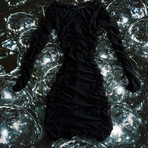 Black Sheer Mesh Long Sleeve Ruched Mini Dress