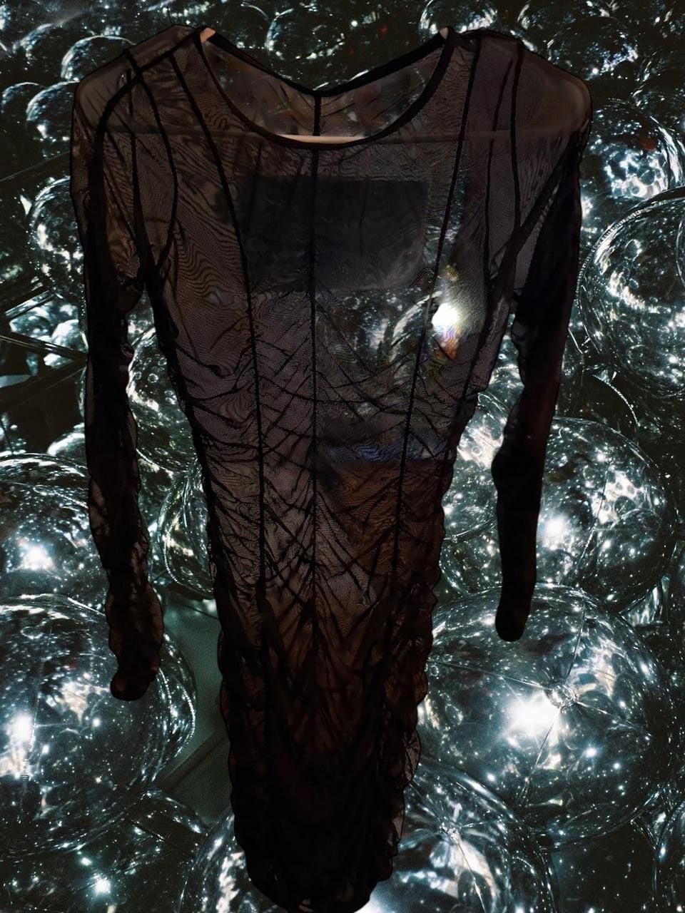 Black Sheer Mesh Long Sleeve Ruched Mini Dress 3