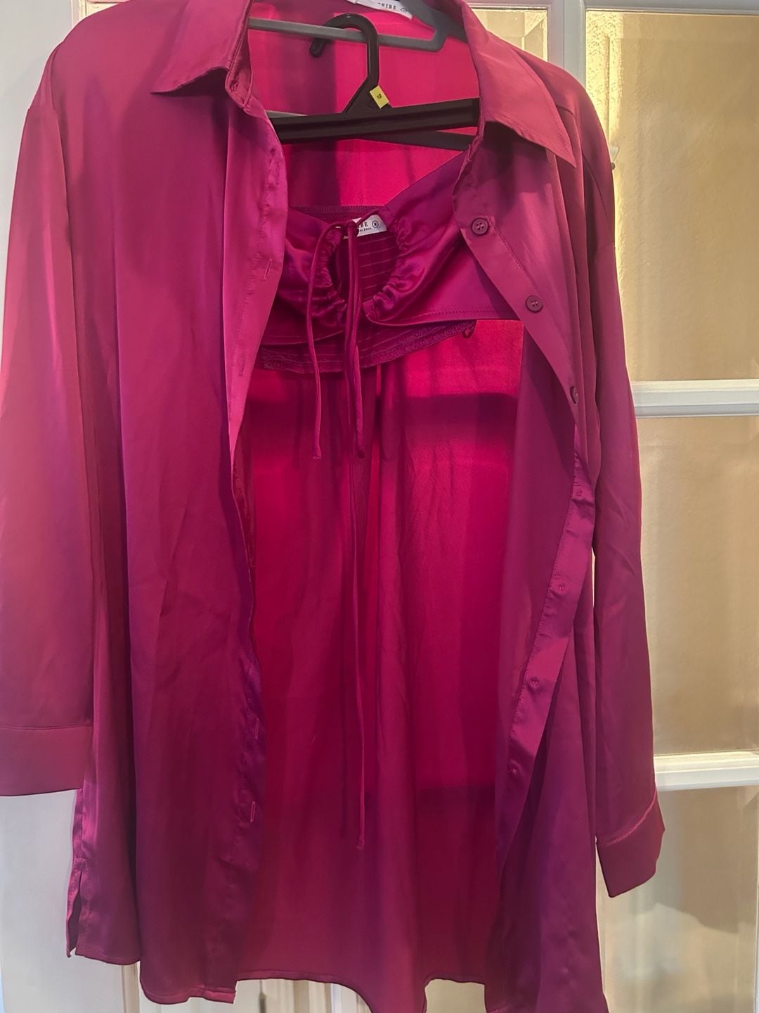 12th TRIBE Hot Pink Satin Button Down Shirt And Cami Set 1