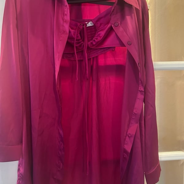 12th TRIBE Hot Pink Satin Button Down Shirt And Cami Set