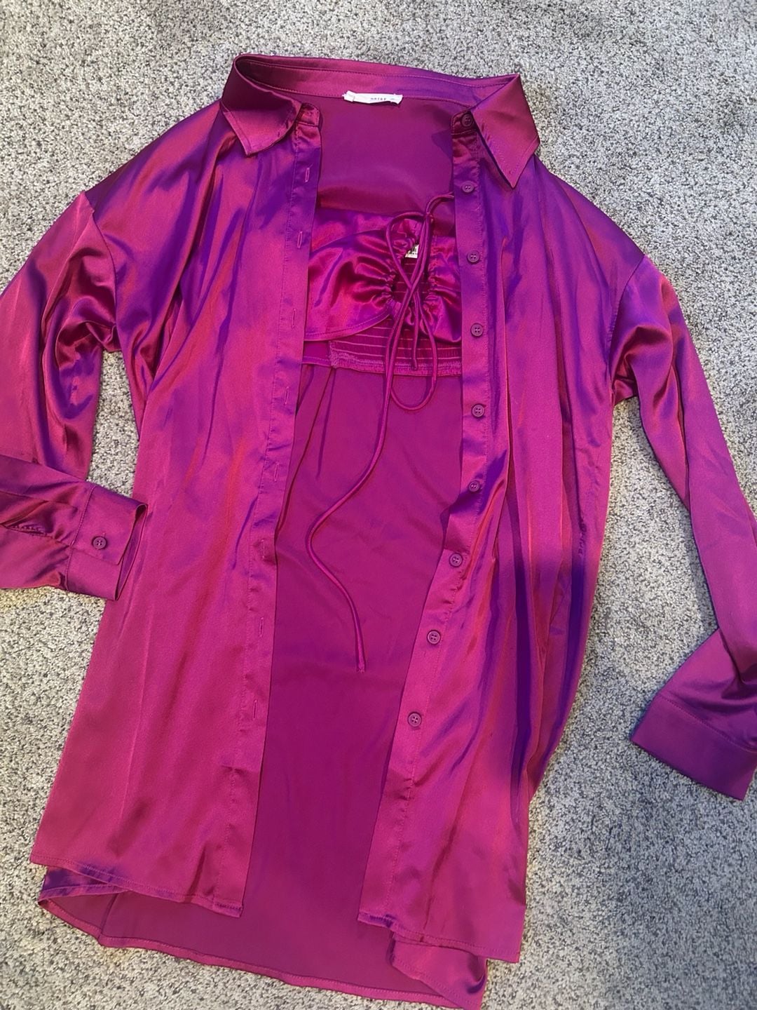 12th TRIBE Hot Pink Satin Button Down Shirt And Cami Set 2