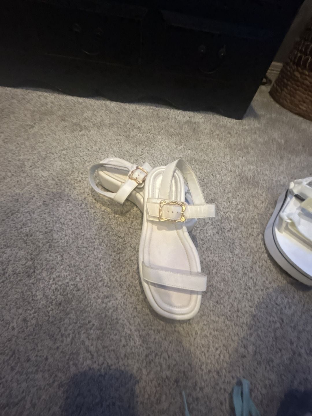 White Ankle Strap Platform Sandals with Gold Buckle 2