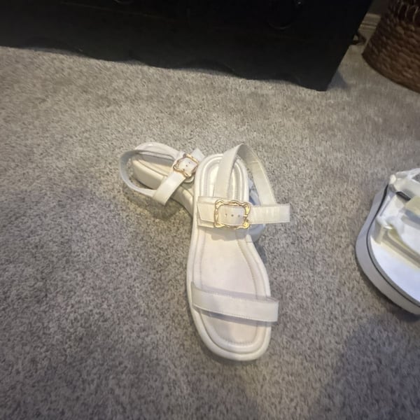 White Ankle Strap Platform Sandals with Gold Buckle