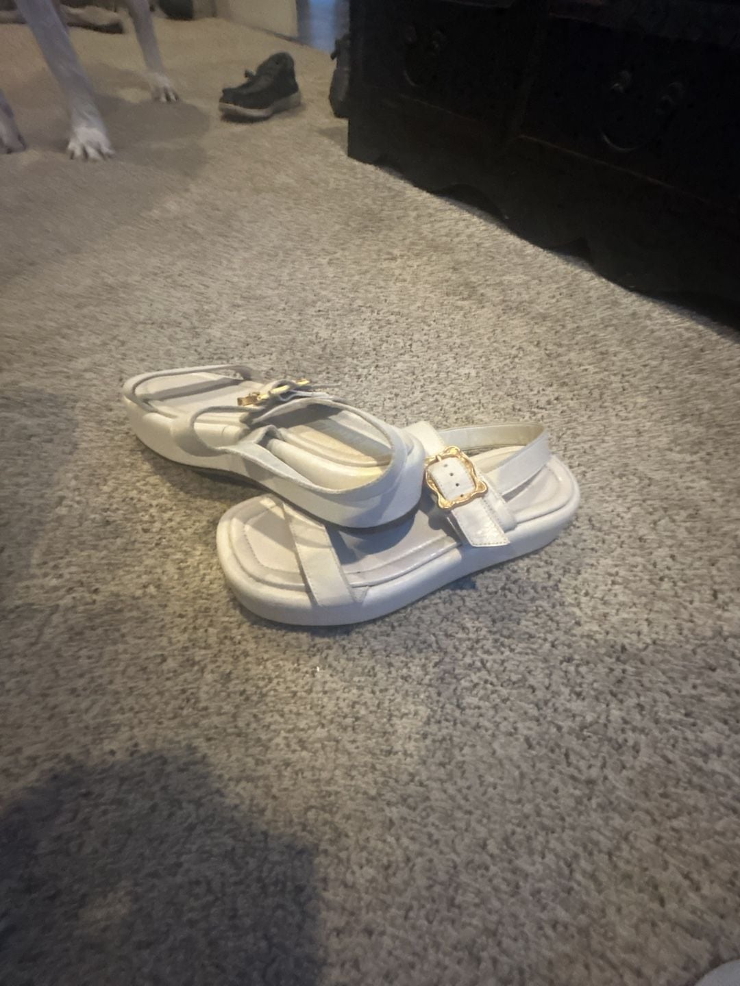 White Ankle Strap Platform Sandals with Gold Buckle 3
