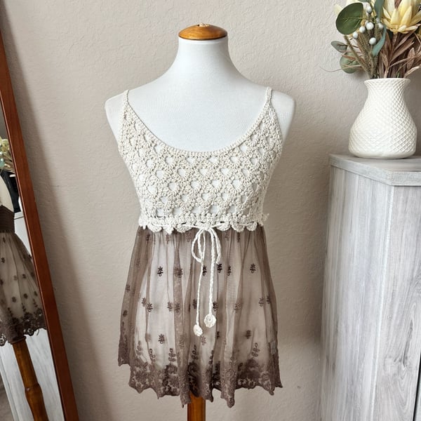 Jee Y2K Boho Lace Crochet Babydoll Cami Top Brown Sheer Fairycore Festival Sz L