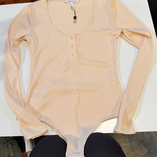 BCBGeneration Long-Sleeve Ribbed Knit Scoop Neck Button-Front Bodysuit