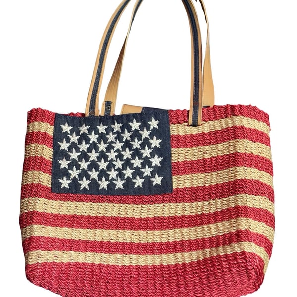 Amanda Smith Woven Straw American Flag Hand Tote Bag