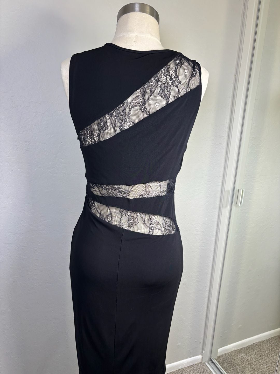  Women's Black Elegant Lace Stitching Sincere Long Dress 8