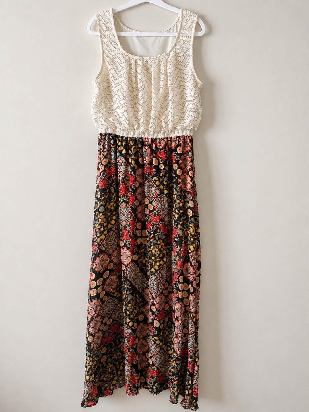 Liberty Love Women 1X Maxi Dress Cream Lace Bodice Black Floral Skirt Sleeveless 2