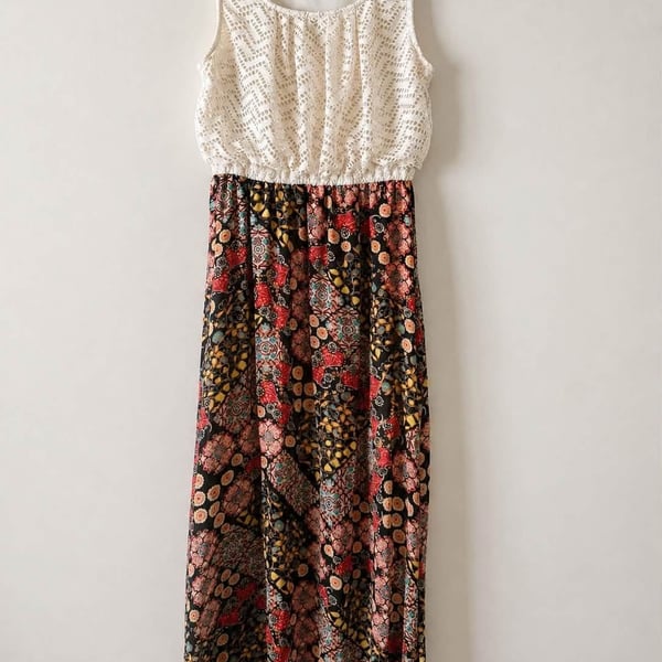 Liberty Love Women 1X Maxi Dress Cream Lace Bodice Black Floral Skirt Sleeveless