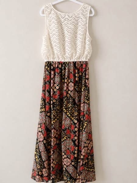 Liberty Love Women 1X Maxi Dress Cream Lace Bodice Black Floral Skirt Sleeveless 3
