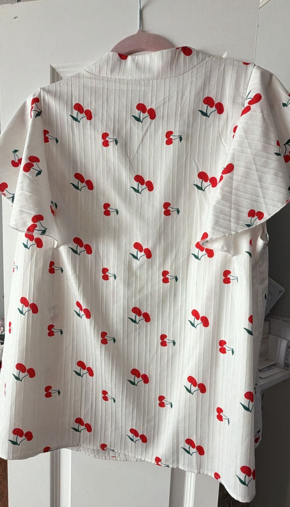 SHEIN Cherry Print Flounce Sleeve Collared V-Neck Blouse 3