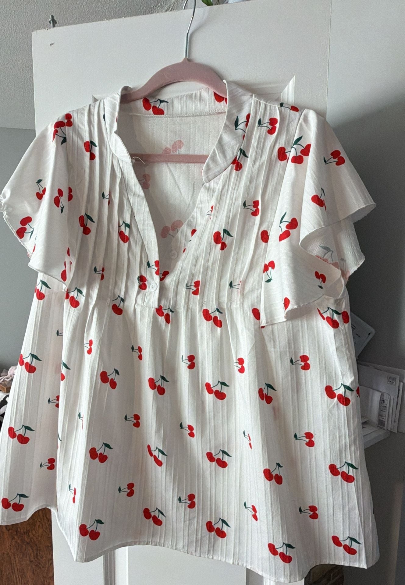 SHEIN Cherry Print Flounce Sleeve Collared V-Neck Blouse 2