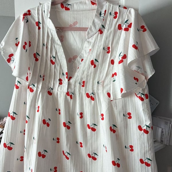 SHEIN Cherry Print Flounce Sleeve Collared V-Neck Blouse